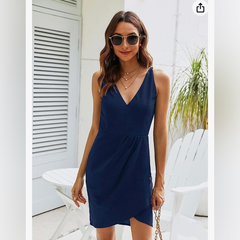 Navy Blue Sleeveless V Neck Dress